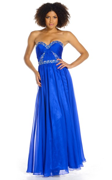 A-Line Sleeveless Ankle-Length Beaded Sweetheart Chiffon Prom Dress With Backless Style And Ruching