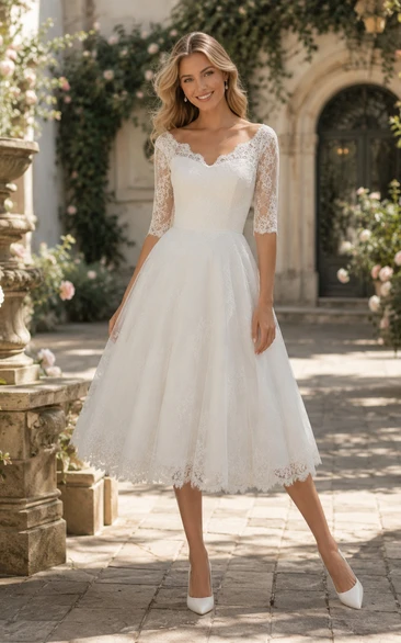 Tea Length Lace Sleeve A-Line Wedding Dress