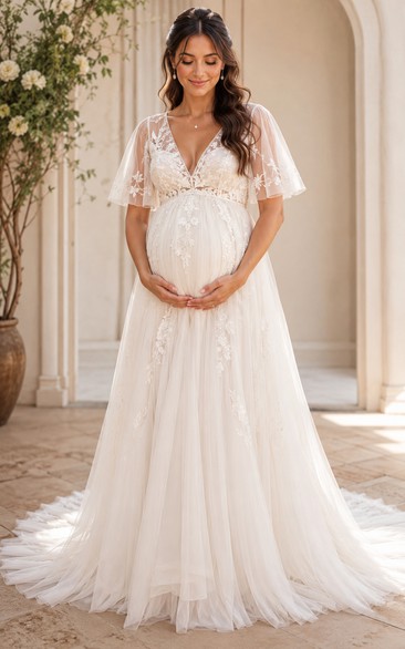 Maternity Simple Empire Wedding Dress Short Sleeve V-Neck Lace Chiffon Floor Length Chapel Train Ivory