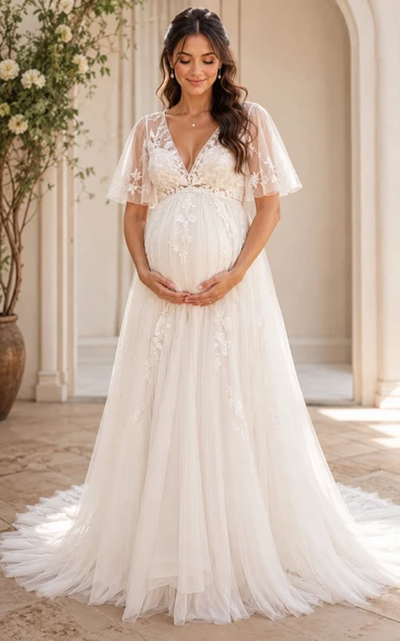 Maternity Simple Empire Wedding Dress Short Sleeve V-Neck Lace Chiffon Floor Length Chapel Train Ivory