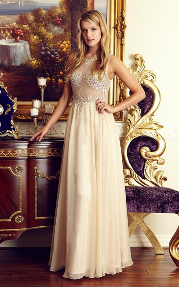 A-Line Bateau Sleeveless Chiffon Illusion Dress With Beading And Pleats