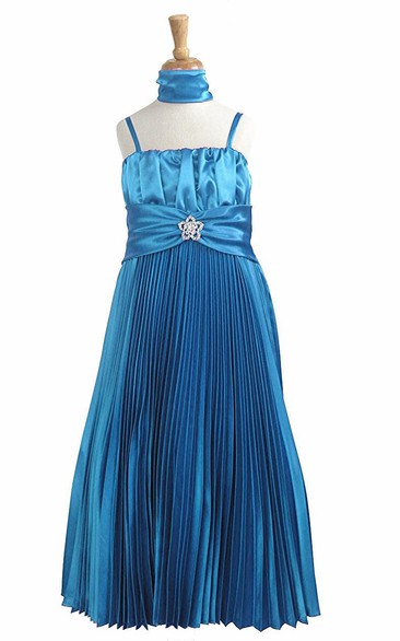 Floor-Length Cape Pleated Satin Flower Girl Dress With Broach