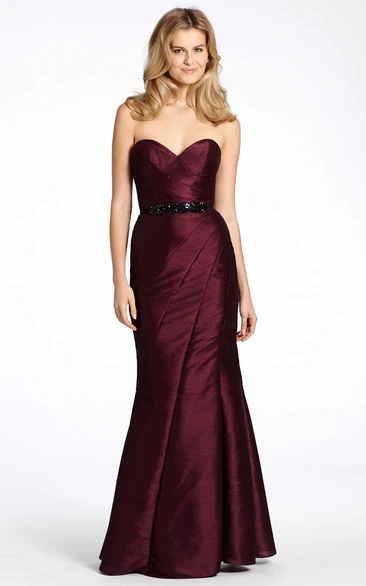Mermaid Floor-Length Sweetheart Jeweled Sleeveless Satin Bridesmaid Dress
