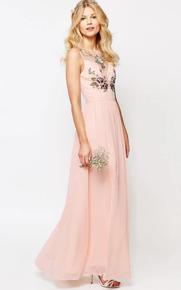 Sheath Ankle-Length Scoop-Neck Sleeveless Chiffon Bridesmaid Dress With Embroidery And Illusion