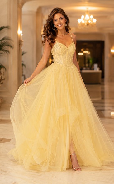 Daffodil Spaghetti Strap Tulle Ball Gown with Beaded Bodice and Front Slit