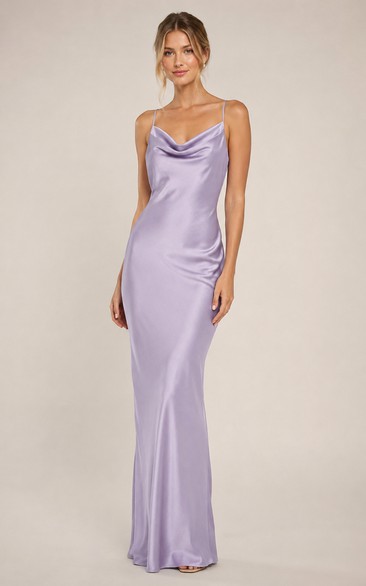 Lavender Cowl Neck Satin Sheath Bridesmaid Dress