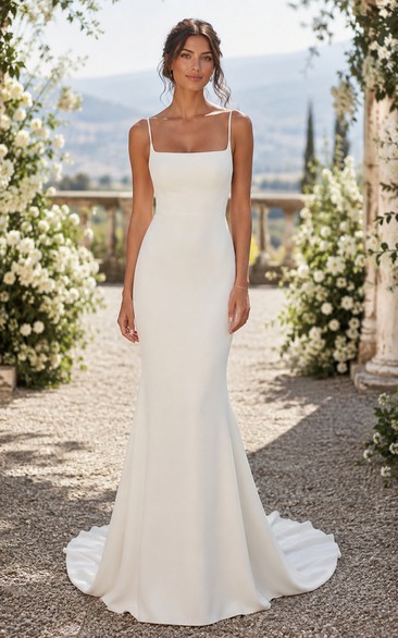Spaghetti Strap Square Neck Crepe Mermaid Wedding Dress with Button Back Train