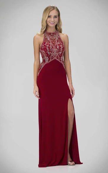 Sheath Jewel-Neck Sleeveless Jersey Straps Dress With Split Front And Beading