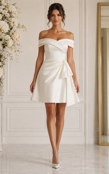 Ivory Off-the-Shoulder Draped Mini Reception Dress