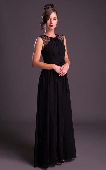 Sheath Long Scoop-Neck Lace Sleeveless Chiffon Prom Dress