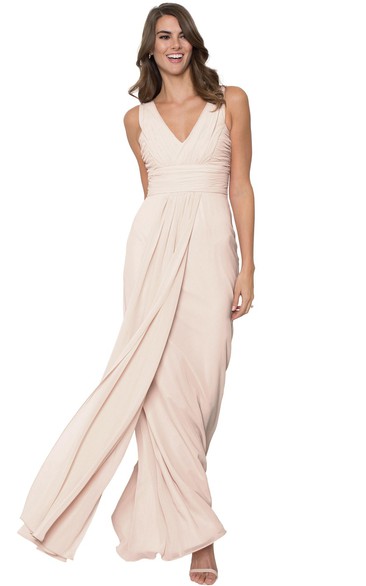 Ruched V-Neck Sleeveless Chiffon Muti-Color Convertible Bridesmaid Dress With Straps