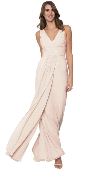 Ruched V-Neck Sleeveless Chiffon Muti-Color Convertible Bridesmaid Dress With Straps