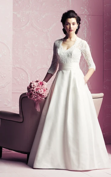 A-Line 3-4-Sleeved Elegant Vow Renewal Dress With Lace Bodice