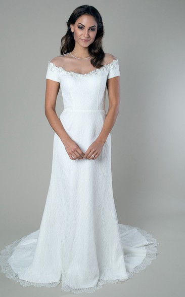 Scoop-Neck Lace Wedding Dress With Beading
