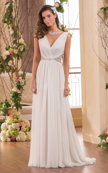 V-Neck Sleeveless Chiffon Wedding Dress With Beaded Waist And Pleats