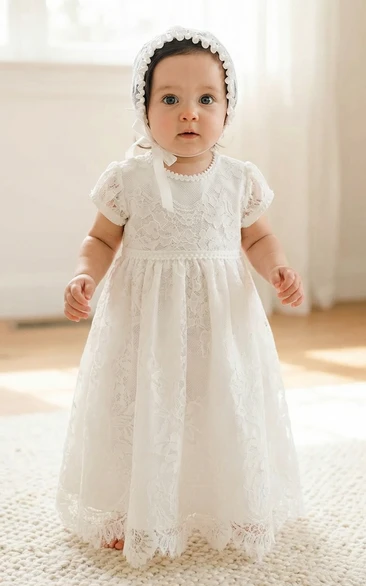 White Baby Flower Girl Dress Lace Bodice Short Sleeve Christening Gown