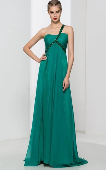 One-Shoulder Beading Pleats Long Prom Dress