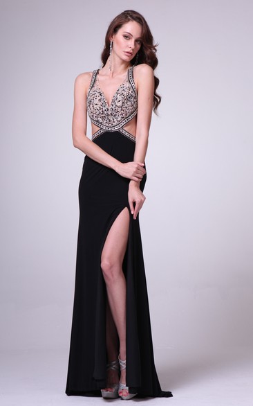 Sheath V-Neck Sleeveless Jersey Straps Dress With Split Front And Beading