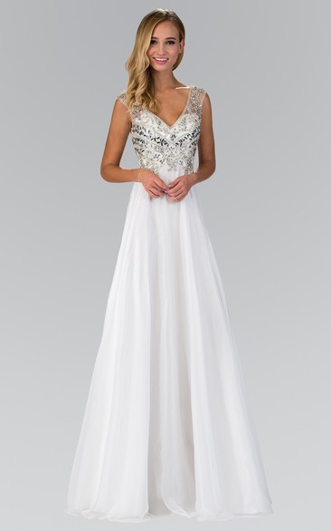 A-Line Floor-Length V-Neck Sleeveless Empire Low-V Back Dress With Chiffon