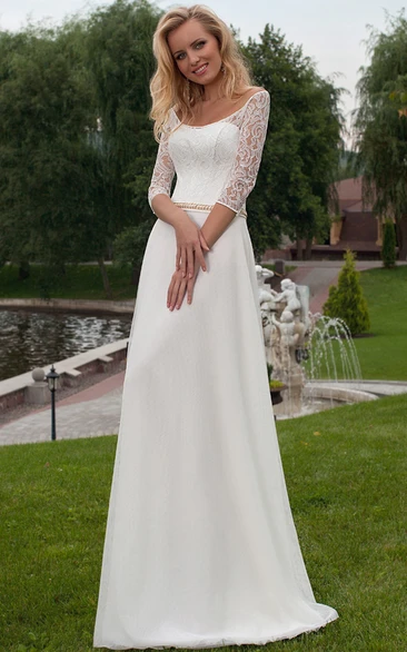 Appliqued 3-4 Sleeve Scoop Neck Chiffon Modest Wedding Dress