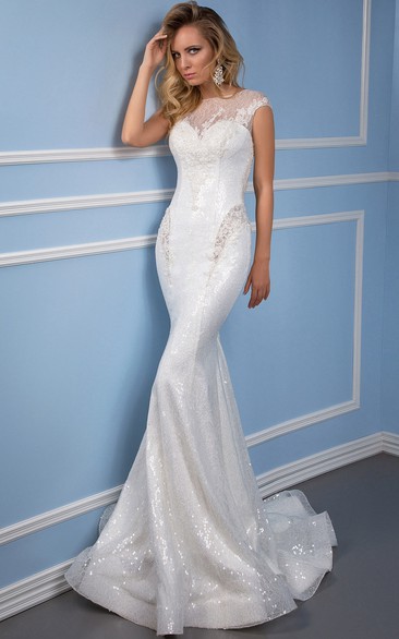 Trumpet Appliqued Scoop-Neck Sleeveless Long Lace Mermaid Wedding Dress With Sequins And Illusion