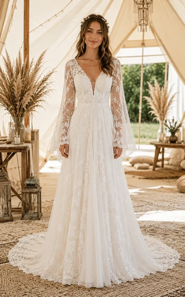 Boho A-Line Wedding Dress Long Sleeve V-Neck Tulle Lace Applique Floor Length Chapel Train Ivory