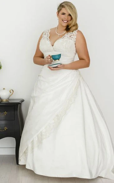 A-Line V-Neck Sleeveless Maxi Draped Taffeta Plus Size Wedding Dress With Appliques