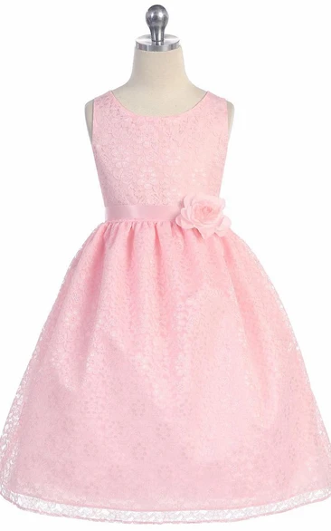 Tea-Length Floral Tiered Lace Flower Girl Dress