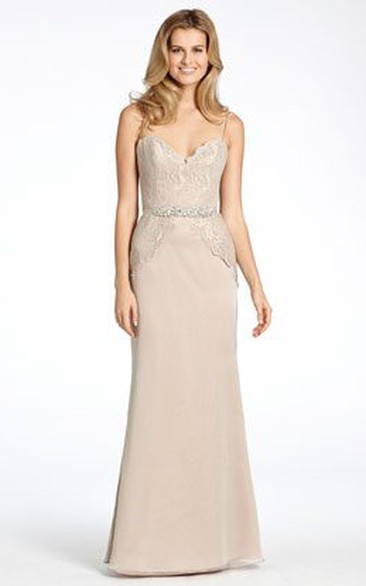 Floor-Length Spaghetti Jeweled Chiffon Bridesmaid Dress With Lace And V Back