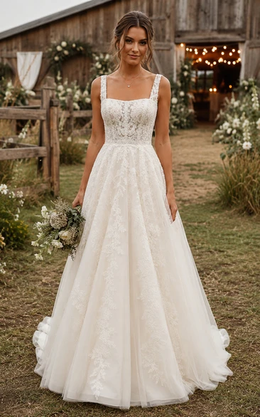 Square Neck A-Line Lace Country Wedding Dress with Wide Straps