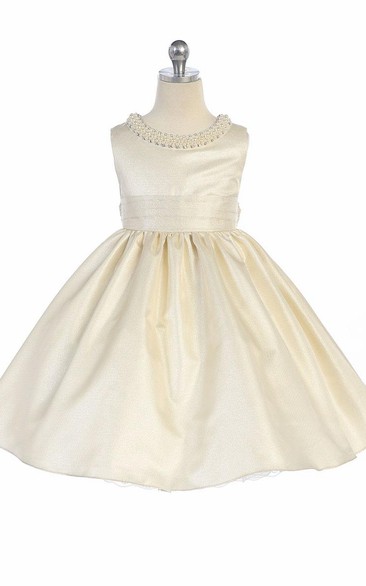 Tea-Length Sleeveless Pleated Flower Girl Dress