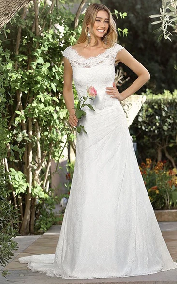 Sheath V-Neck Cap-Sleeve Lace Wedding Dress With Side Draping