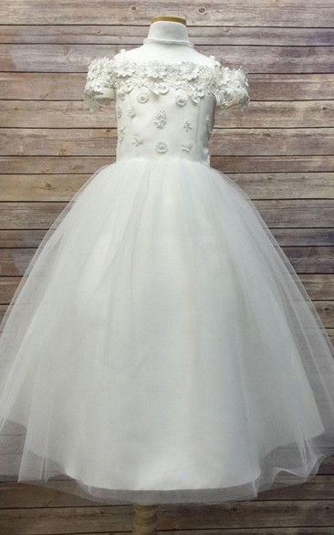 Tea-Length Embroideried Appliqued Floral Tulle&Satin Flower Girl Dress With Sash