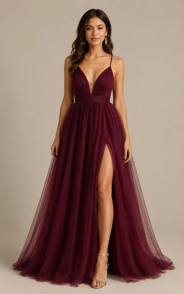 Tulle Prom Dress in Burgundy, Spaghetti Strap, V-neck A-Line Floor-Length Gown