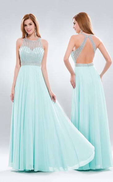 A-Line Maxi Scoop-Neck Sleeveless Chiffon Keyhole Dress With Beading And Pleats