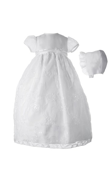 Simple Short Sleeve Christening Gown With Sash