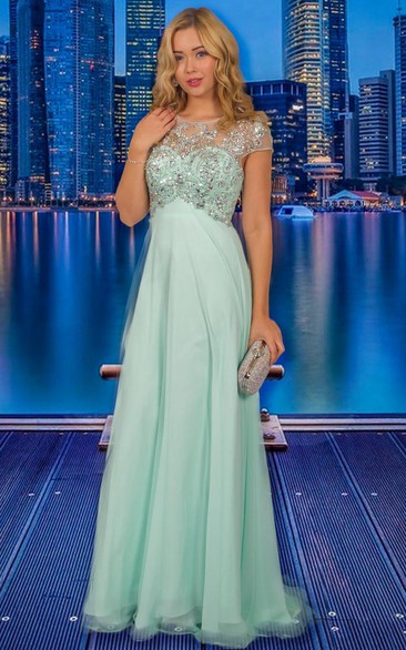 A-Line Empire Scoop-Neck Beaded Long Cap-Sleeve Chiffon Prom Dress