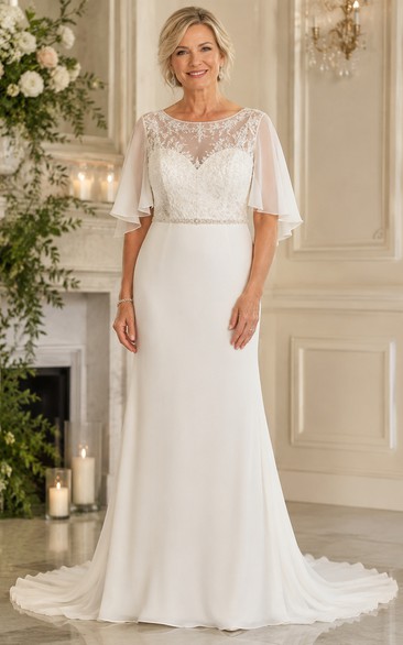 Flutter Sleeve Sheath Older Brides Wedding Dress with Lace Illusion Bodice