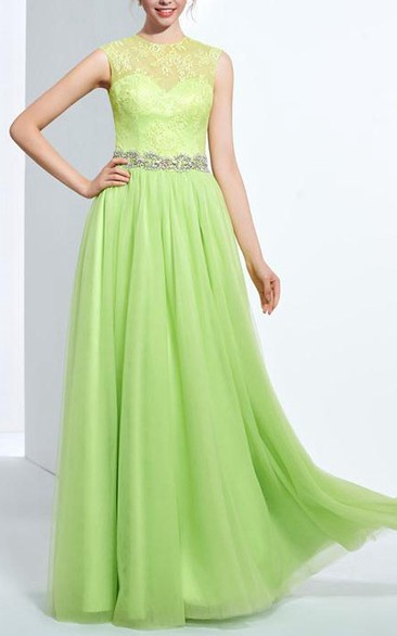 A-line Jewel Beading Button Lace Long Prom Dress