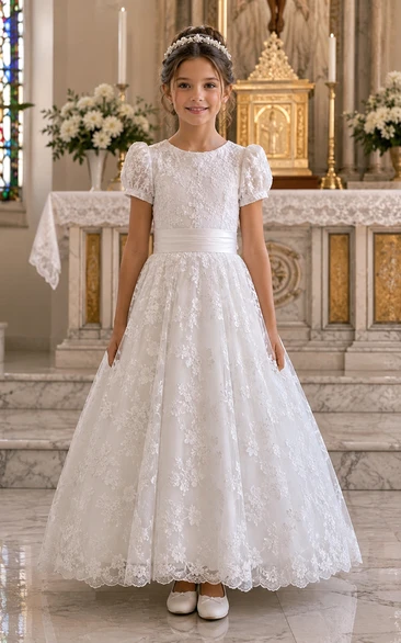 Puff Sleeve Lace White First Communion Dress with Full Skirt