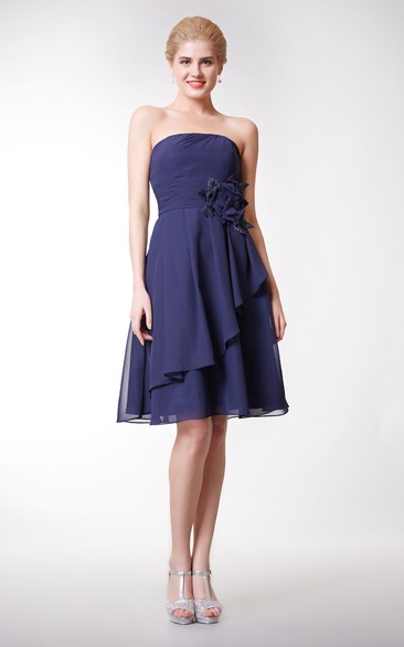 Strapless Knee Length Chiffon Dress With Flower and Side Draping