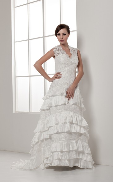 Scalloped-Neck Lace Caped-Sleeve Tiers and Dress With Beading
