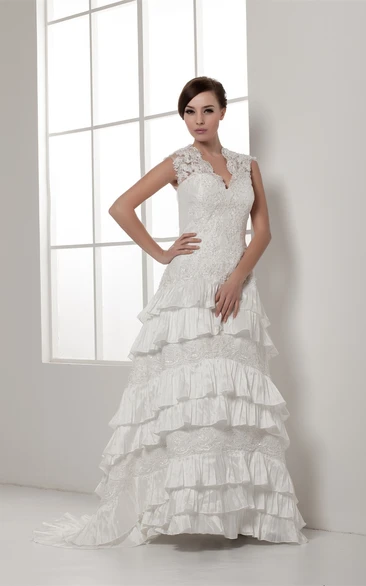 Scalloped-Neck Lace Caped-Sleeve Tiers and Dress With Beading