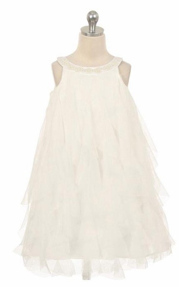 Floral Tea-Length Floral Beaded Satin Flower Girl Dress With Ruffles