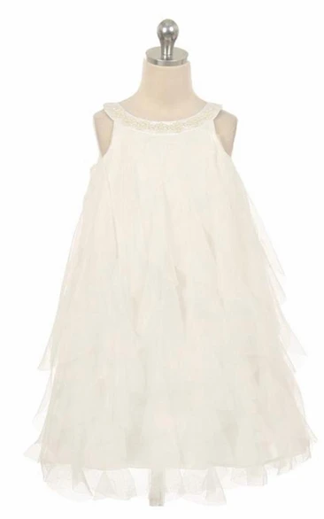 Floral Tea-Length Floral Beaded Satin Flower Girl Dress With Ruffles