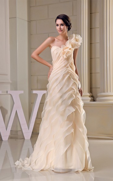 Flowered One Shoulder A-Line Gown With Ruffles and Zipper Back