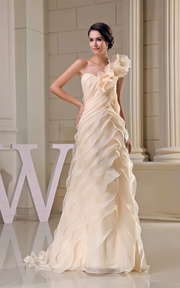 Flowered One Shoulder A-Line Gown With Ruffles and Zipper Back