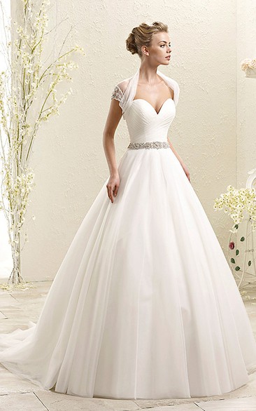 Ball Gown Caped Long Sweetheart Tulle Wedding Dress With Waist Jewellery And Criss Cross