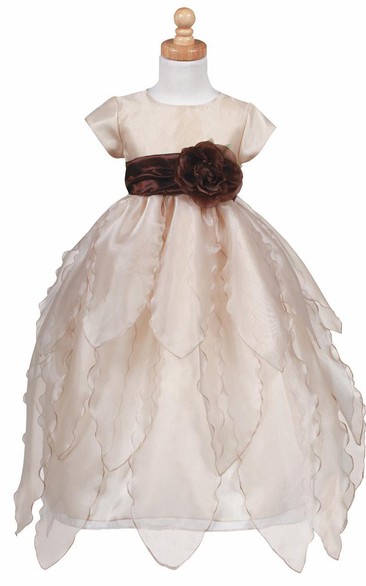 Tiered Cap-Sleeve Organza&Taffeta Flower Girl Dress
