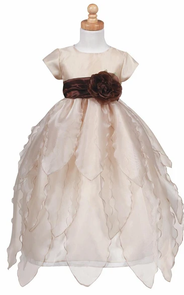 Tiered Cap-Sleeve Organza&Taffeta Flower Girl Dress